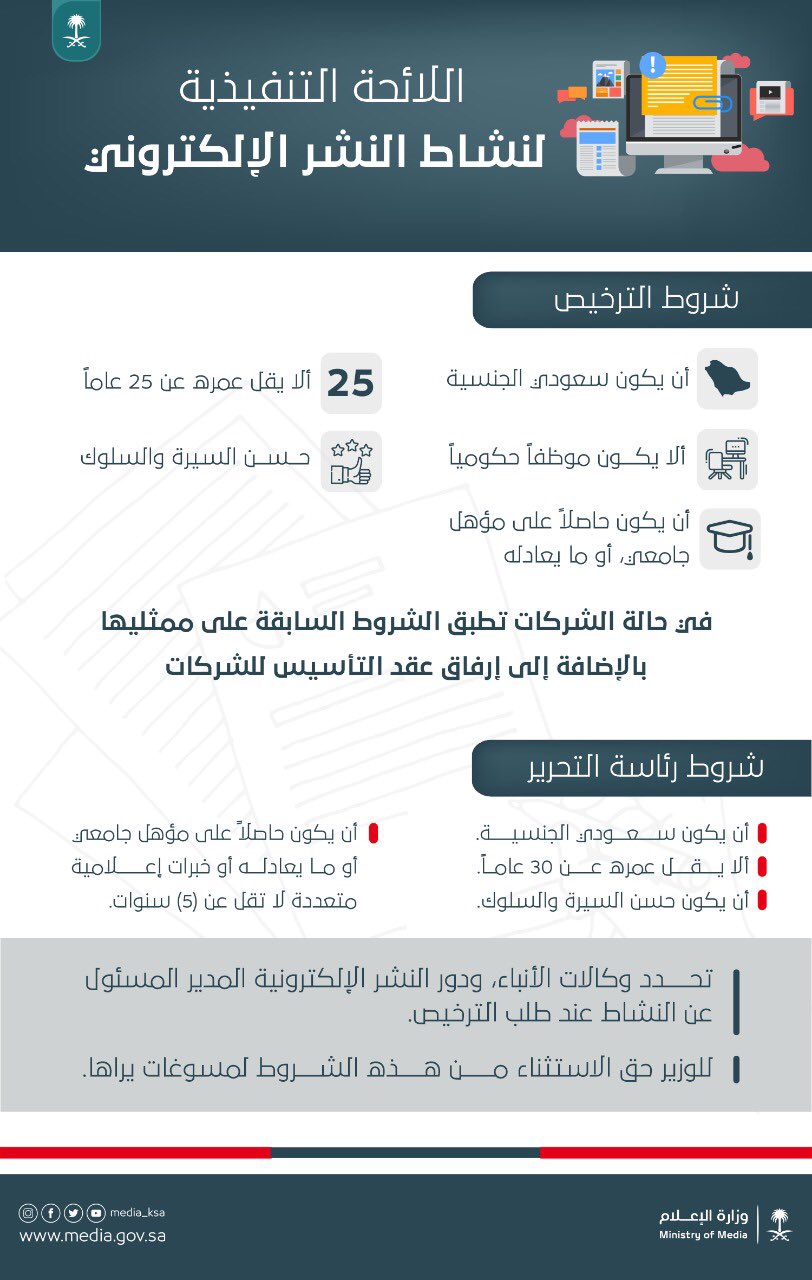 وزارة الإعلام No Twitter لوائح وأنظمة تعر ف على شروط الترخيص ورئاسة التحرير بمجال النشر الإلكتروني