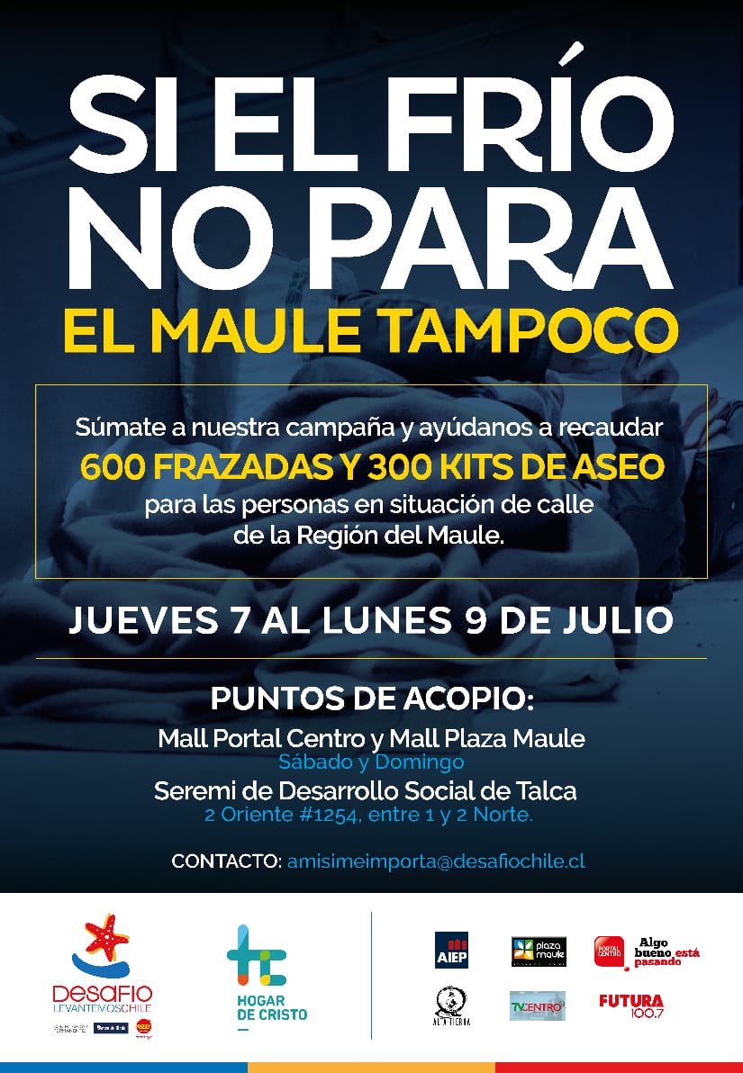 Felicitamos a los colegios De La Salle, Inglés y Baltazar, quienes se pusieron con la campaña “Si el frío no para, el Maule tampoco”. 140 frazadas y 300 kits de aseo recaudaron para ir en ayuda de las personas en situación de calle. Recuerda que puedes aportar hasta el 9 de julio