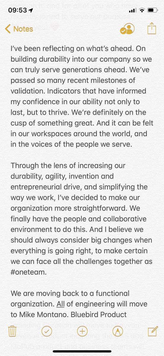 jack's tweet image. We‘re reorganizing how Twitter is going to work together for the next decade. Sent this note to our team, and sharing with the world, because we want to be more open about how we think and work. This is a small but important step. Experimenting! Let us know what you think.