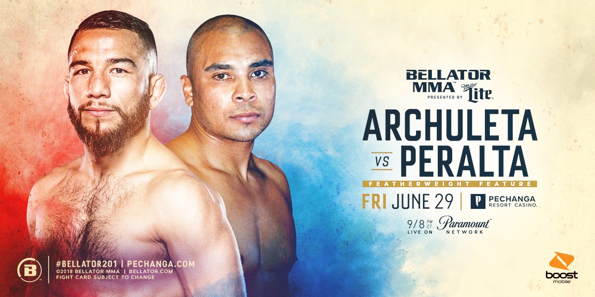 boostmobile's tweet image. It’s a featherweight fury. Watch Juan Archuleta and Robbie Peralta duke it out at #Bellator201 Friday, June 29!