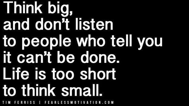 Think big and don't listen to anyone that tells you it can't be done. Life is too short to think small. #TimFerriss
