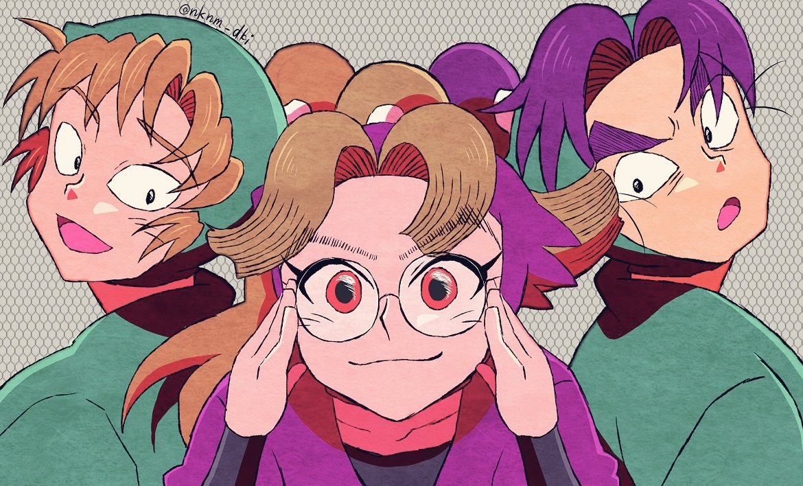 multiple boys glasses smile purple hair ponytail looking at viewer brown hair  illustration images