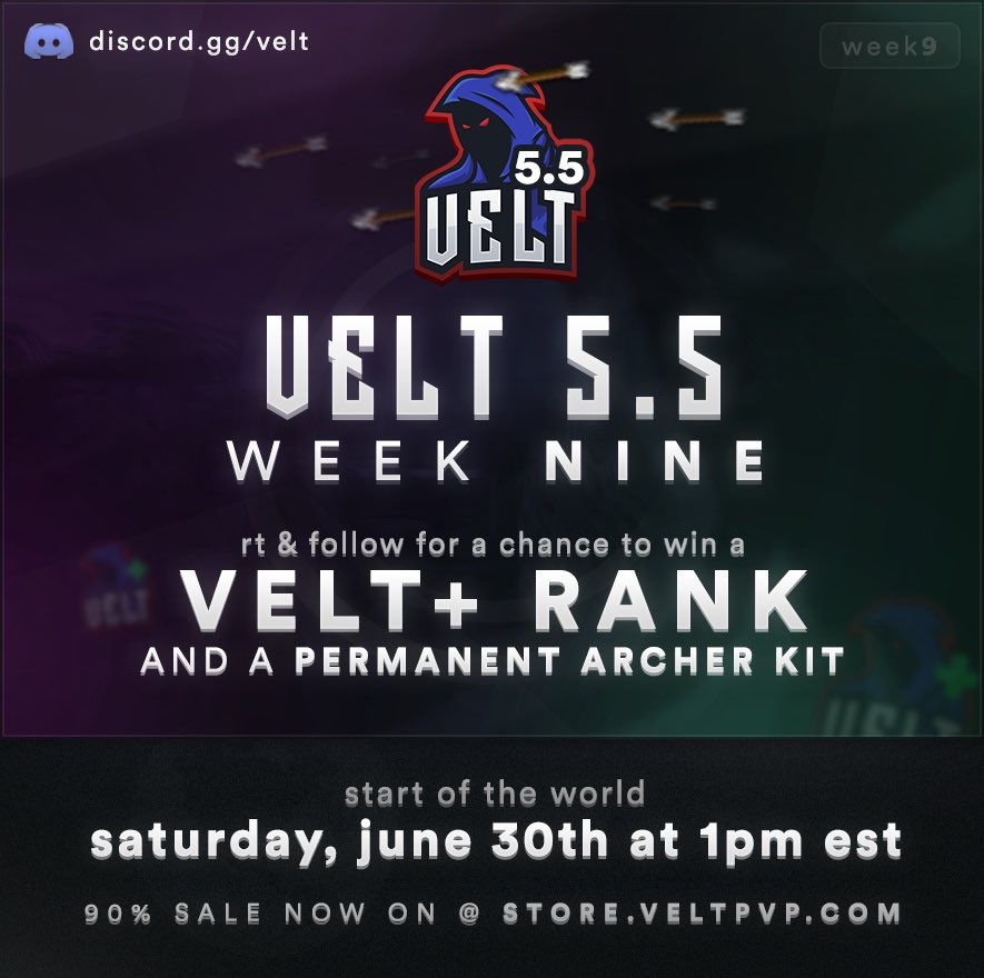 VeltPvP's tweet image. VeltPvP 5.5 Week 9:
 • Trio and Medium will release on Saturday.

Week 9 Information 📰
veltpvp.com/forums/announc…

Retweet &amp;amp; Follow us for a chance to win a Velt+ rank for yourself and a permanent Archer kit! 🏹