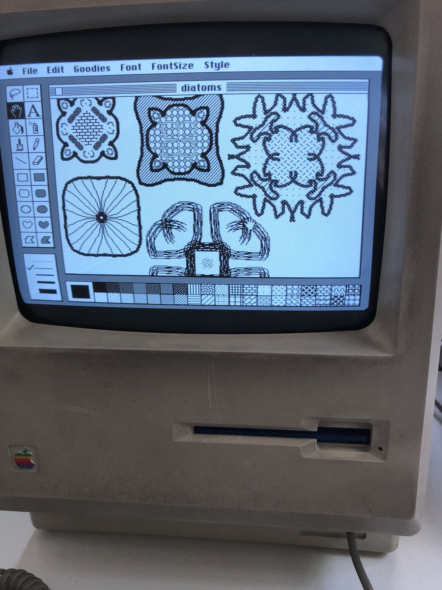 joshburker's tweet photo. Invented #diatoms variety in #MacPaint 1.5 on a #Macintosh 512K. #brushMirrors #art #iteration #retroComputing https://t.co/7EMY56GqTh