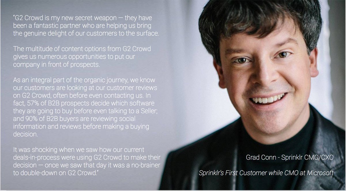 G2dotcom's tweet photo. CMO of @Sprinklr @gradconn has a new secret weapon: #B2Breviews #data from @G2Crowd! #b2b https://t.co/EmlgZBuliF https://t.co/x4ho1iFTUf