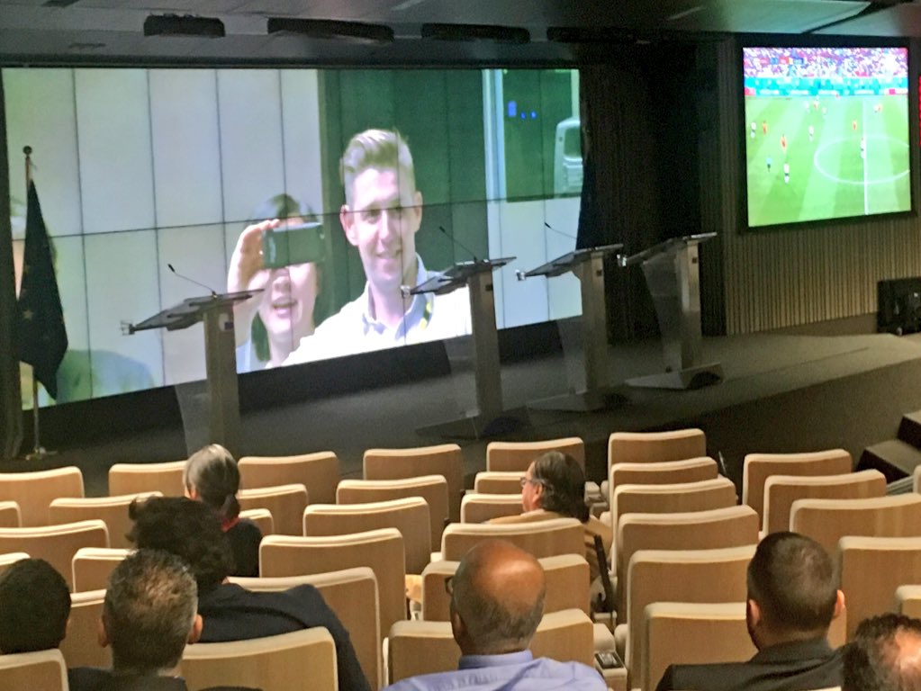 PaulTwinn's tweet photo. So I appear to be on the big screen in the press room of the European Council. And Im not entirely sure why. https://t.co/n7mSI65XHW