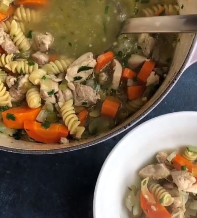 Hip Foodie Mom makes her delectable homemade chicken noodle soup in a <a href="/lecreuset/">Le Creuset</a>  Dutch Oven- and who are we to not follow the set examples of an expert’s cooking tools?
