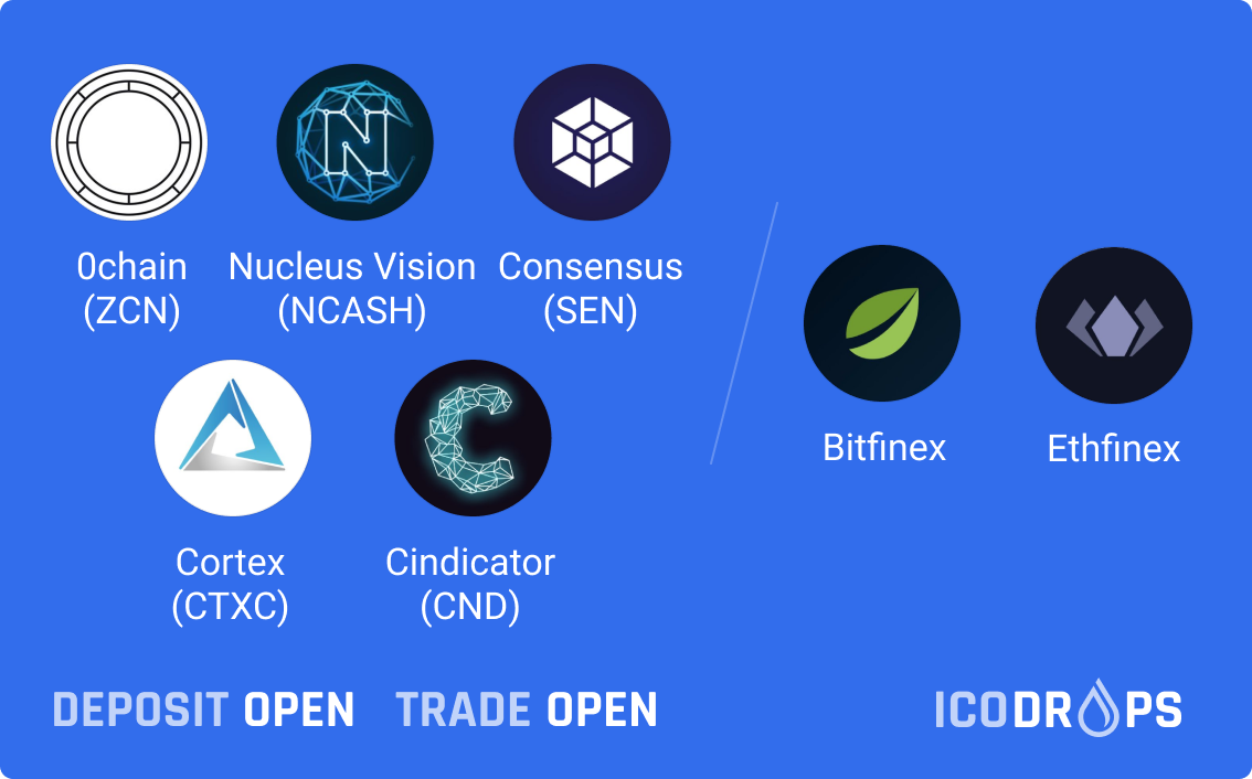 ICODrops's tweet photo. 5 projects (0chain, Consensus, Nucleus Vision, Cindicator and Cortex) from ICODrops site have been listed on Bitfinex and Ethfinex. Trading is now live. https://t.co/Dogf5c9sqa https://t.co/tfKeCsHhy1