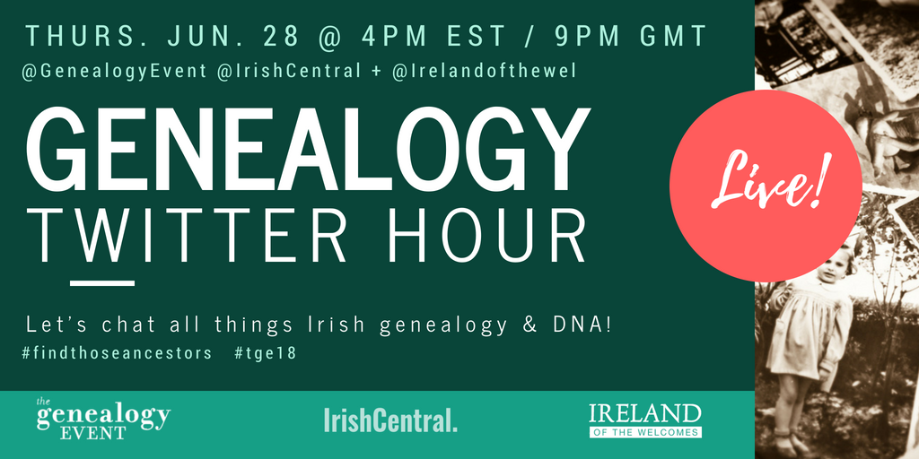Join us now for The Genealogy Twitter Hour, answering all your Irish genealogy and DNA questions <a href="/GenealogyEvent/">The Genealogy Event</a>  <a href="/Irelandofthewel/">IrelandoftheWelcomes</a>  #tge18 #findthoseancestors