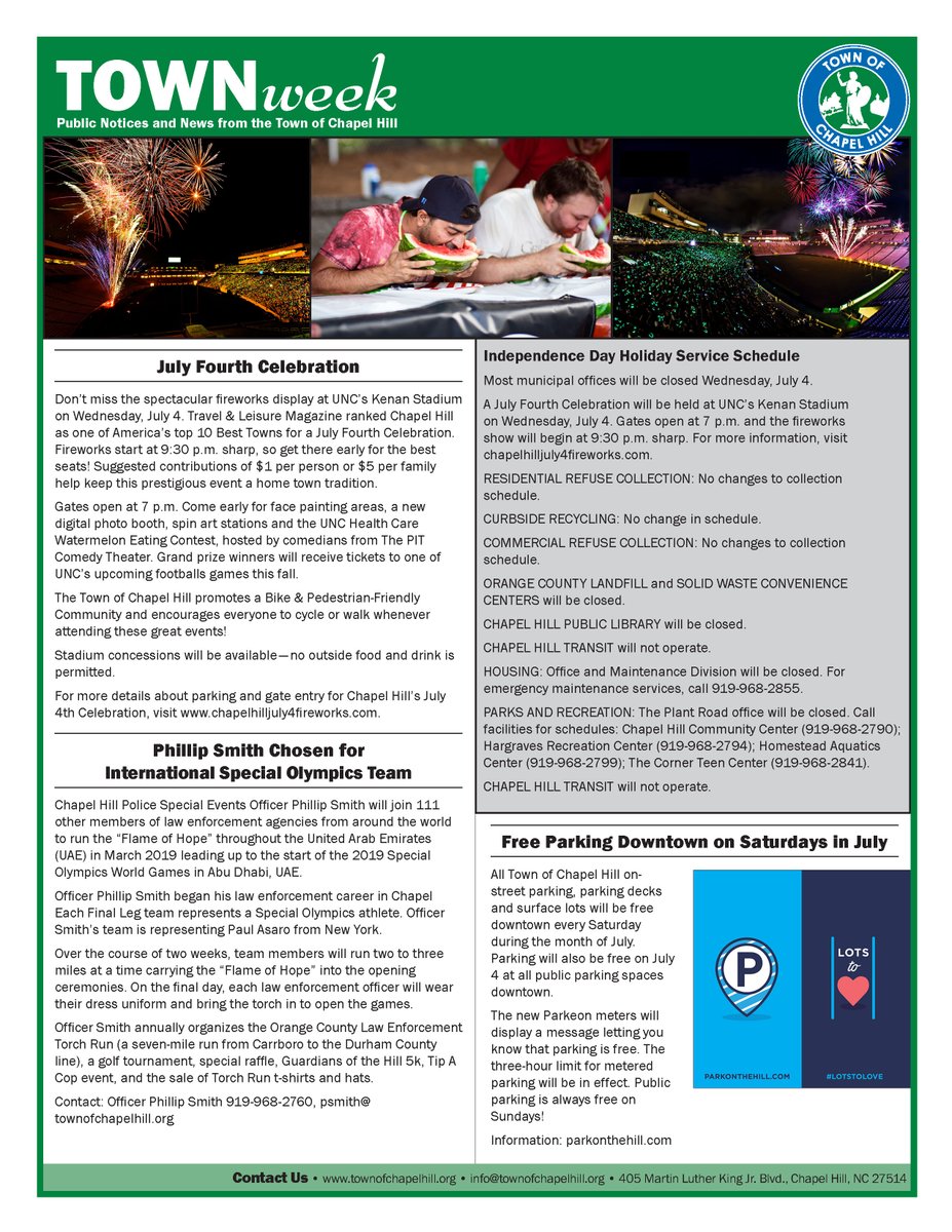 Ready for the July Fourth holiday? Learn about celebrations in Chapel Hill and the holiday service schedule in the new #TOWNweek. bit.ly/2tE2RnV #FourthofJuly  #July4th