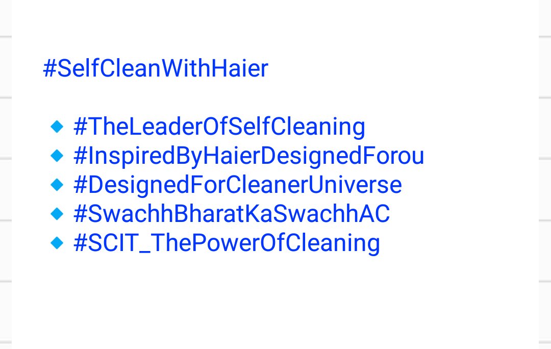 prashantDocean's tweet photo. @IndiaHaier This is just the awesomest contest.
Loved it.
Some of my catchy Hashtags.
#SelfCleanWithHaier #InspiredLiving
@IndiaHaier https://t.co/BMXQ1kKTOo