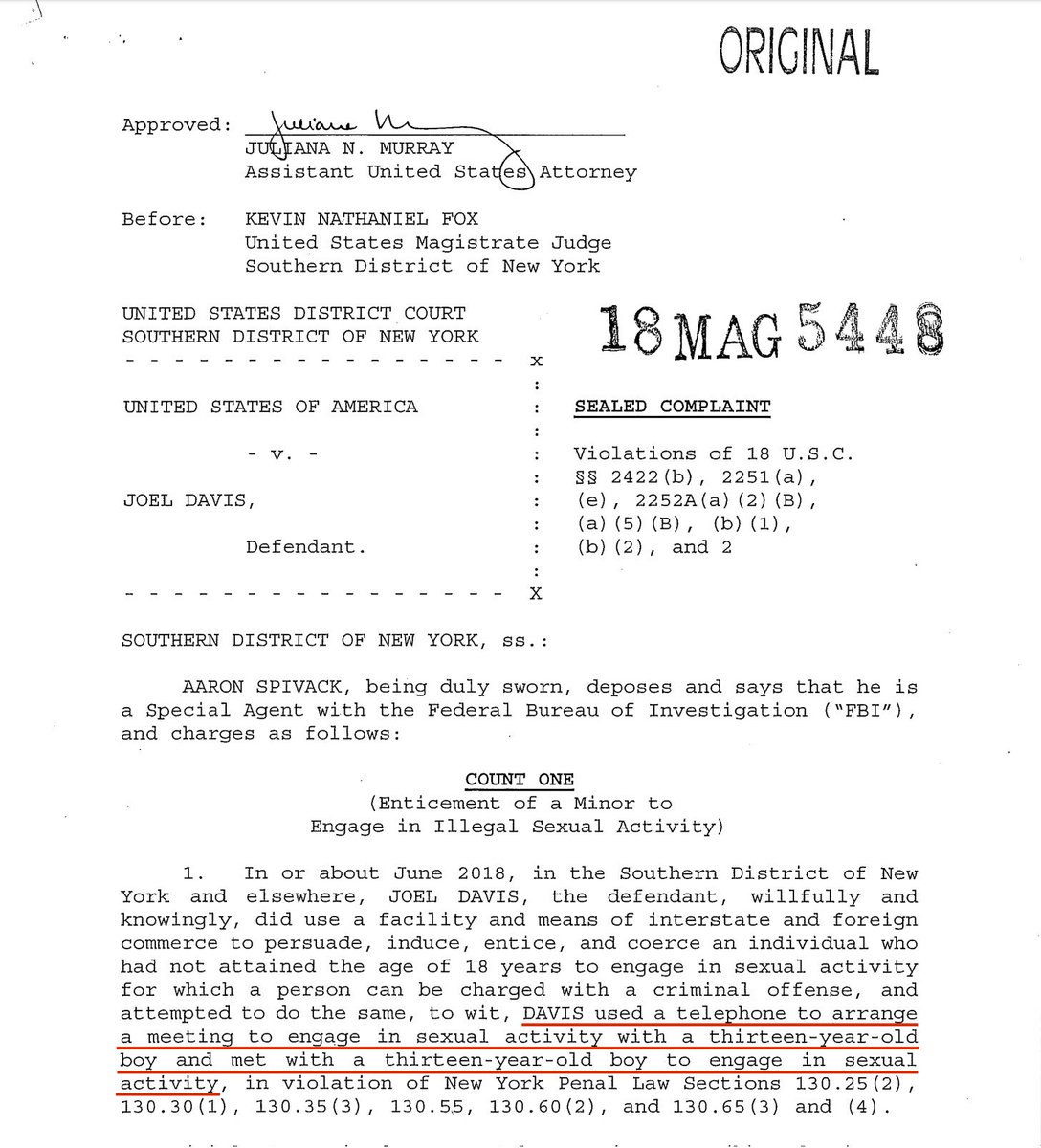 Unsealed Indictment For Joel Davis, Hillary Clinton's Campaign Chairman, Shows The Insane Sick Truth.Screenshots Of Each Count. (Not Graphic.)I Read The Complete Indictment. I Do NOT Recommend Reading It. Your Stomach Will Turn. You Will Cry.GRAPHIC! https://www.justice.gov/usao-sdny/press-release/file/1075016/download