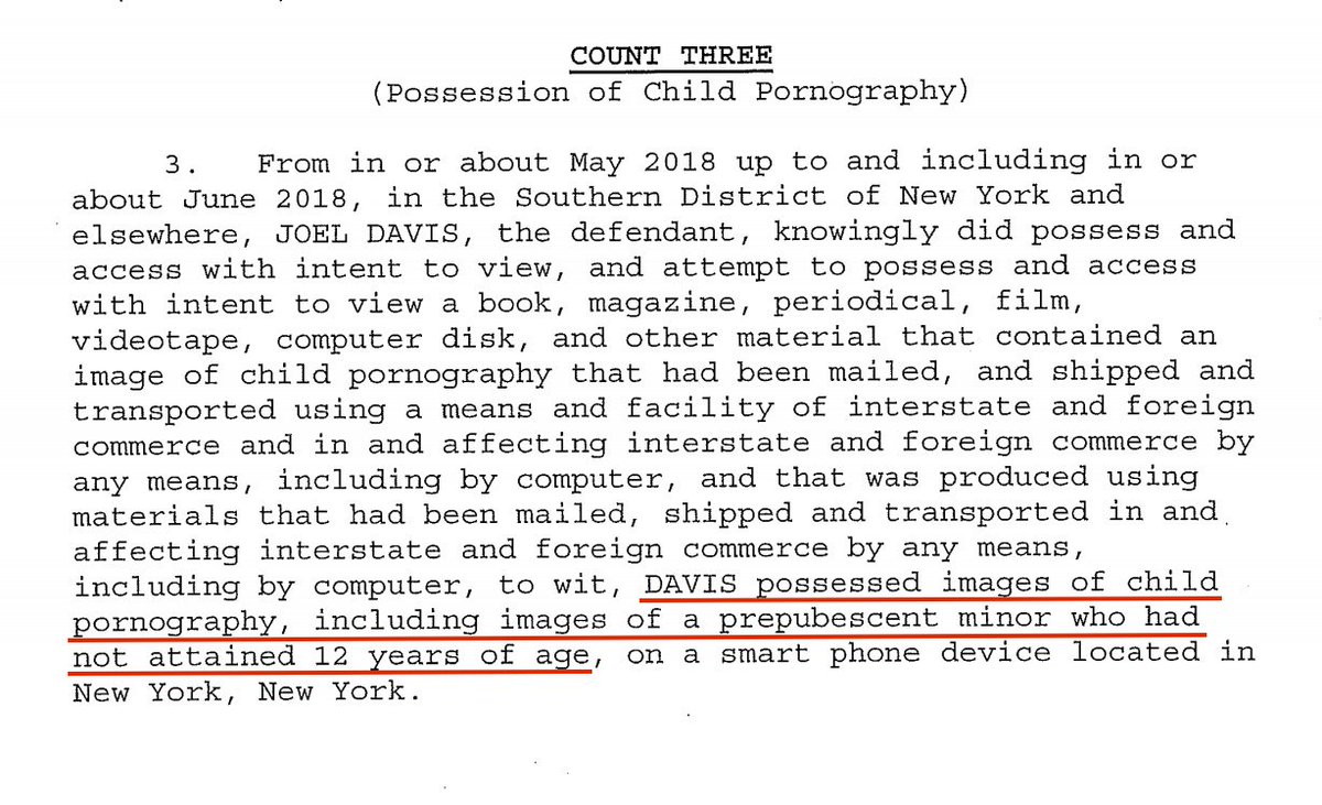 Unsealed Indictment For Joel Davis, Hillary Clinton's Campaign Chairman, Shows The Insane Sick Truth.Screenshots Of Each Count. (Not Graphic.)I Read The Complete Indictment. I Do NOT Recommend Reading It. Your Stomach Will Turn. You Will Cry.GRAPHIC! https://www.justice.gov/usao-sdny/press-release/file/1075016/download