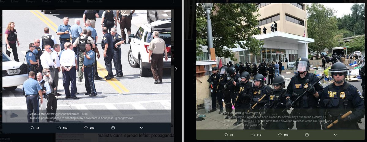 In Annapolis, white police stand around in plain clothes or uniforms, a few wear bulletproof vests. In Portland, a line of police in full riot gear all carrying clubs. There are police snipers on rooftops in the background.