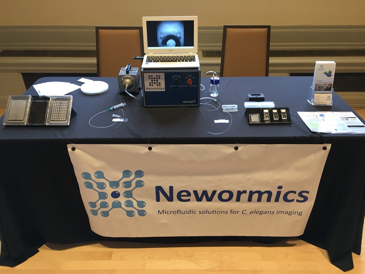 EvanHegarty's tweet photo. @newormics booth at #celegans #AgingCe2018. Come by the 4th floor (Great Hall) to say hi... we would love to meet you and hear about your research and imaging needs! #vivoChip #vivoCube https://t.co/k5UkdcJMtu