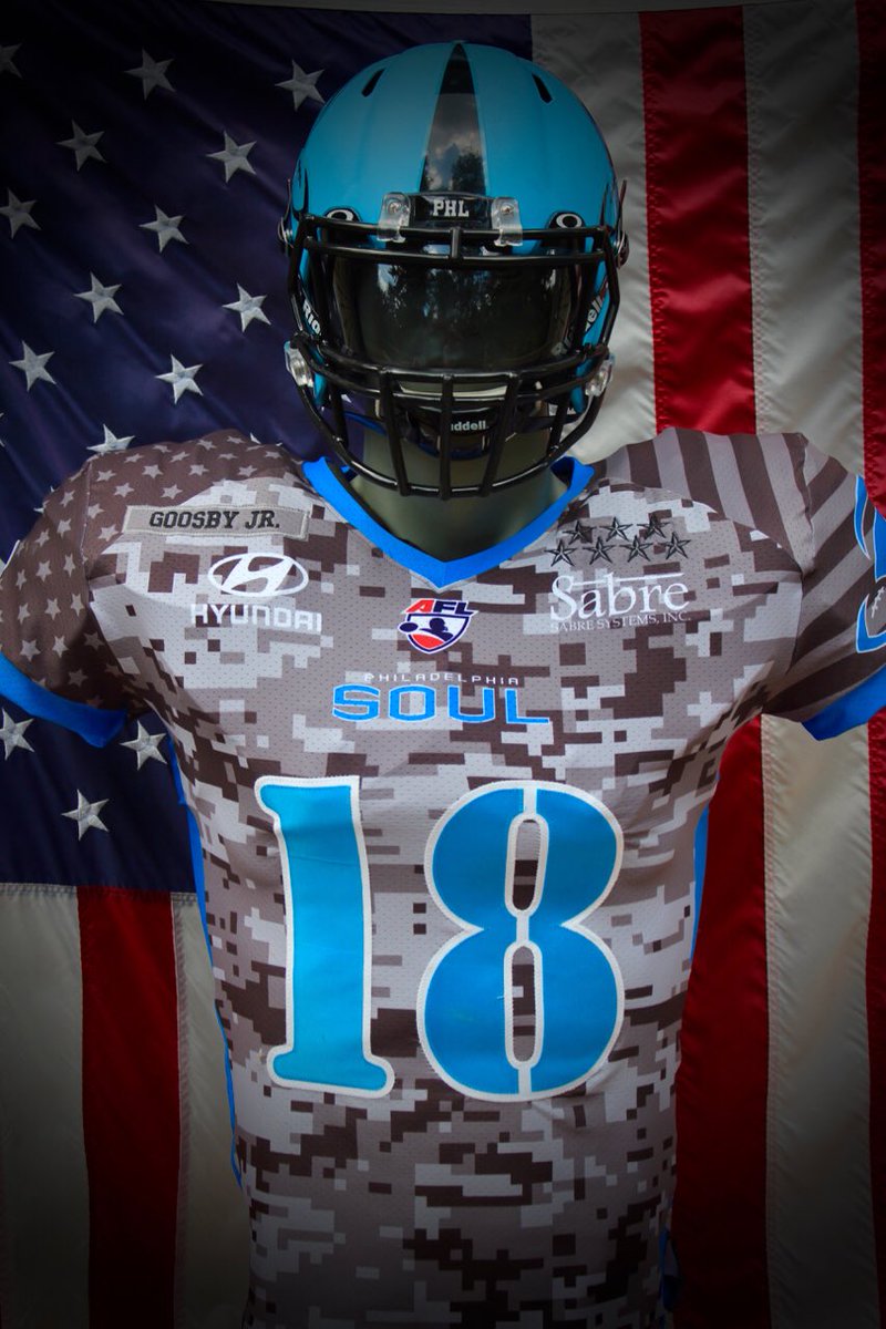 soulfootball's tweet photo. ‼️JERSEY ALERT‼️

Check out these INCREDIBLE 🔥 jerseys for our game this Saturday night that pay homage to our Military and will be available at the Jersey Auction outside SECTION 120 😎 Proceeds benefit @VetTix &amp; @TeamRWB . Made by Game Changer Gear ‼️

#RoadTo3Peat🏆 https://t.co/9GuXSQftGU