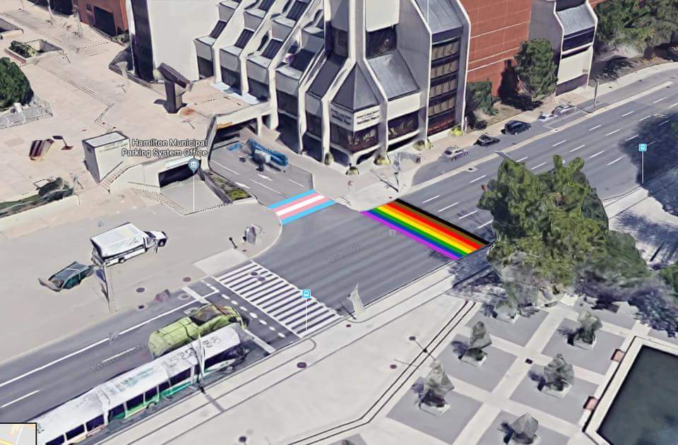 FredEisenberger's tweet photo. #HamOnt Proud to see the motion passed last night at Council for the painting of the LGBTQ rainbow and the colours of the Trans flag at Main Street West at Summers Lane and at Forsythe and Sterling. @cityofhamilton recognizing diversity in our city. https://t.co/mbLHsyKZDg