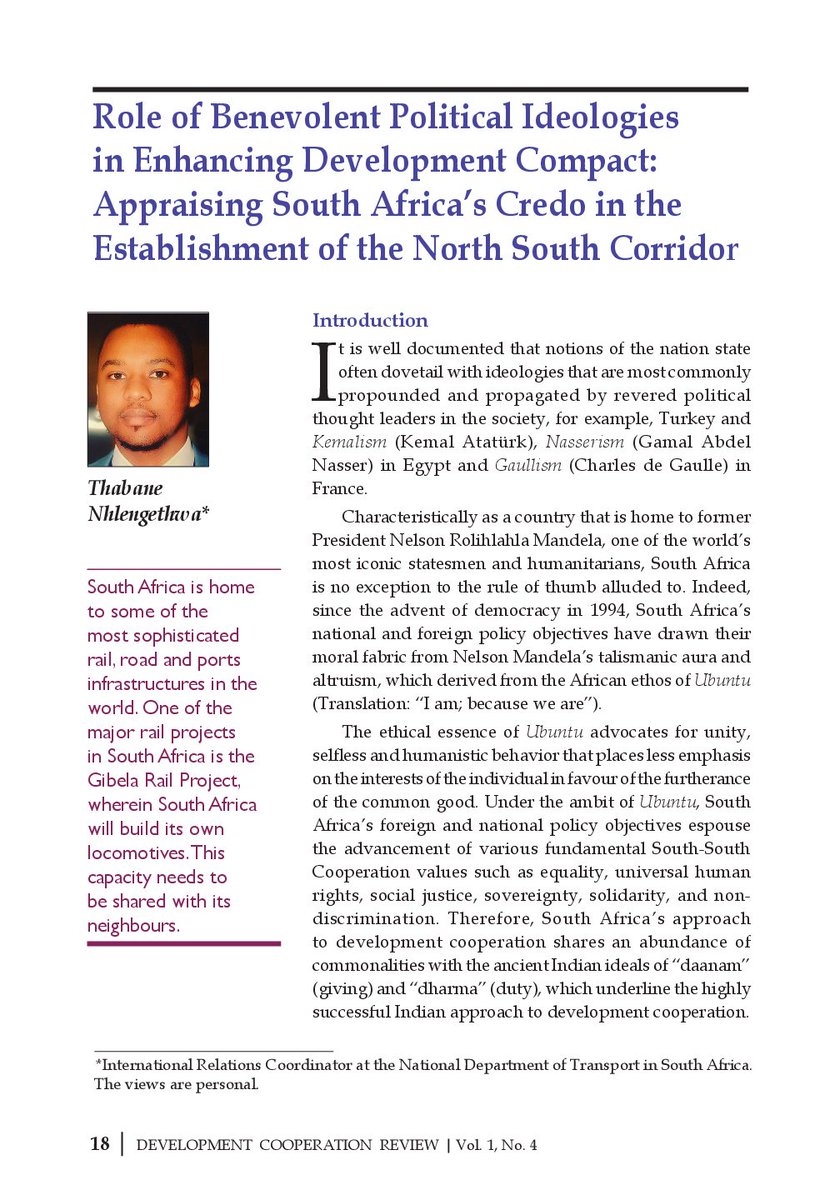 RIS_NewDelhi's tweet photo. RIS Thanks  Mr. #ThabaneNhlengethwa for special contribution on “Role of Benevolent Political Ideologies in Enhancing #DevelopmentCompact: Appraising #SouthAfrica’s Credo in the Establishment of the #NorthSouthCorridor”  in July issue of Development Cooperation Review #DCR https://t.co/d0NwargkkD