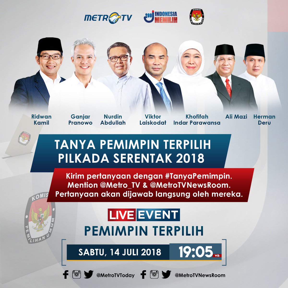 Saksikan Live Event "Pemimpin Terpilih", Sabtu 14 Juli 2018 pukul 19.05 WIB. Kirim pertanyaan melalui hashtag #TanyaPemimpin dan mention akun <a href="/Metro_TV/">METRO TV</a> dan <a href="/MetroTVNewsRoom/">METROTV NEWSROOM</a>. Pertanyaan akan langsung dijawab oleh narasumber yang hadir
#sumselmaju
#sumsel
#hermanderu
#mawardiyahya
