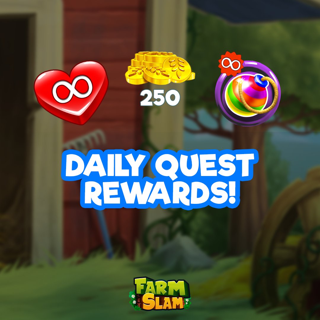 farmslamgame's tweet photo. Are you skipping on your daily quest? Remember, completing the quest gives you one hour of life, 250 coins and a half-hour power up! Now, ain't that sweet? #FarmSlam #gamedev #indiedev #f2p #match3 https://t.co/lWiXjdYl8v