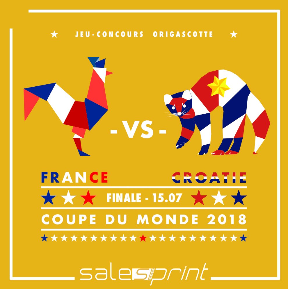 _salesprint_'s tweet photo. 48h pour pronostiquer l'issue du match France-Croatie et tenter de remporter un t-shirt au visuel de la rencontre! 

-Pronostiquez sur le post  
-Suivez salesprint
-Retweetez la publication

#communication #finale #origascotte #allerlesbleus #FiersdetreBleus #jeuconcours #FRACRO https://t.co/0YbLffw9gP