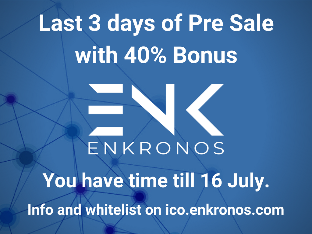 enkronos's tweet photo. ** Enkronos ICO: Last 3 days of Pre Sale with 40% Bonus **

You have time till 16 July.

Info and whitelist on https://t.co/0puzxUazPb

#AR #LB #AI #IoT #blockchain #ICO #TGE #ENKronos #tokens #TokenSale https://t.co/a1P2xXQXhO