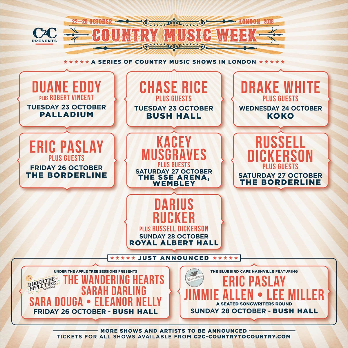 C2Cfestival's tweet image. Tickets for @CountryMusicWK new shows are on sale now! Catch @WhisperingBob&apos;s #UnderTheAppleTree Sessions ft. @thewanderhearts, @_SarahDarling, @SaraDougaMusic &amp;amp; Eleanor Nelly AND @BluebirdCafeTN ft. @ericpaslay,  @JimmieAllen &amp;amp; Lee Miller