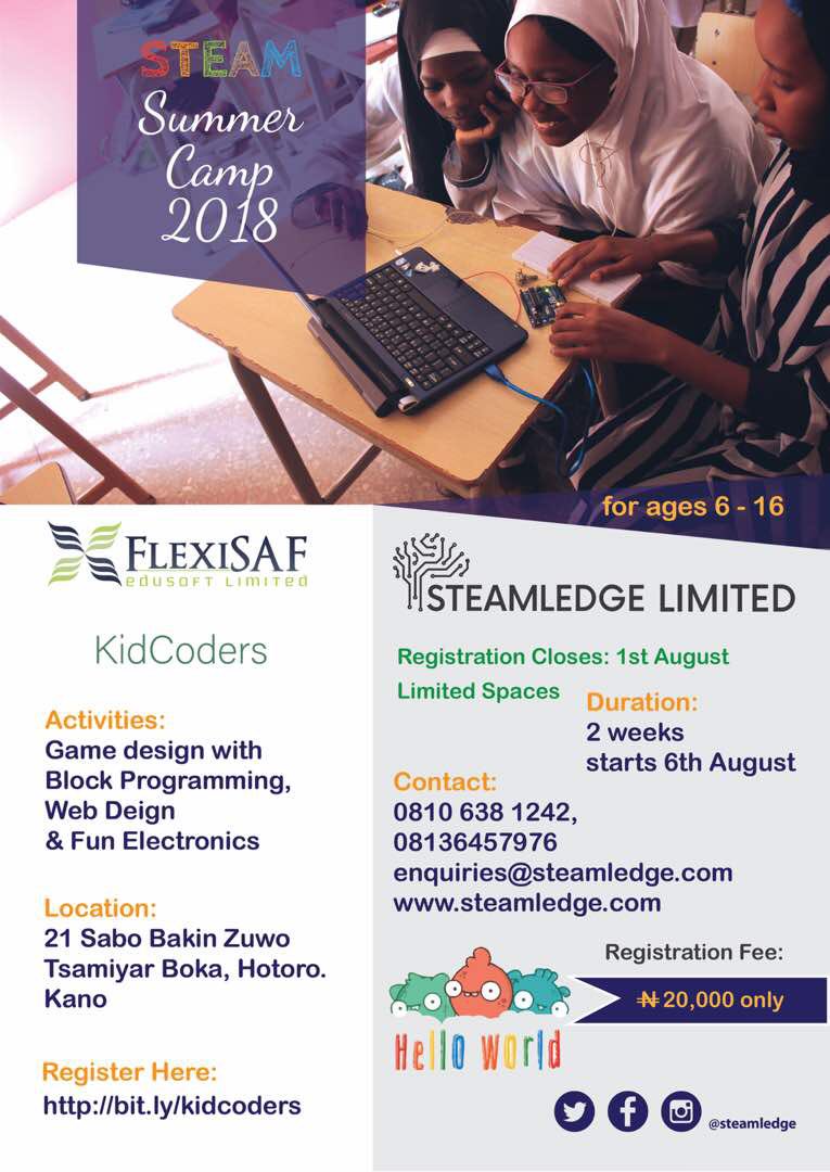 _Ahmadidris's tweet image. So @steamledge in collaboration with @FlexiSAF are throwing an intensive bootcamp for lucky 50 students in Kano. Register your kids now. Spaces filling up fast!
#Kidcoders #creativecomputing #Edtech
