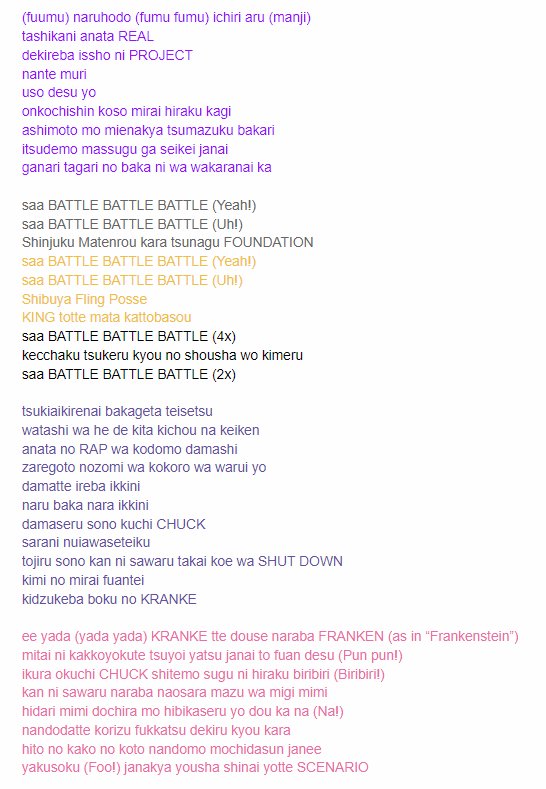 MOVED ACCOUNTS! ˗ˏˋstan furukawa!ˎˊ˗ on X: here are color-coded romaji  lyrics to BBB so y'all can rap along with fling posse and matenrou! (and  bite your tongue while trying)  / X