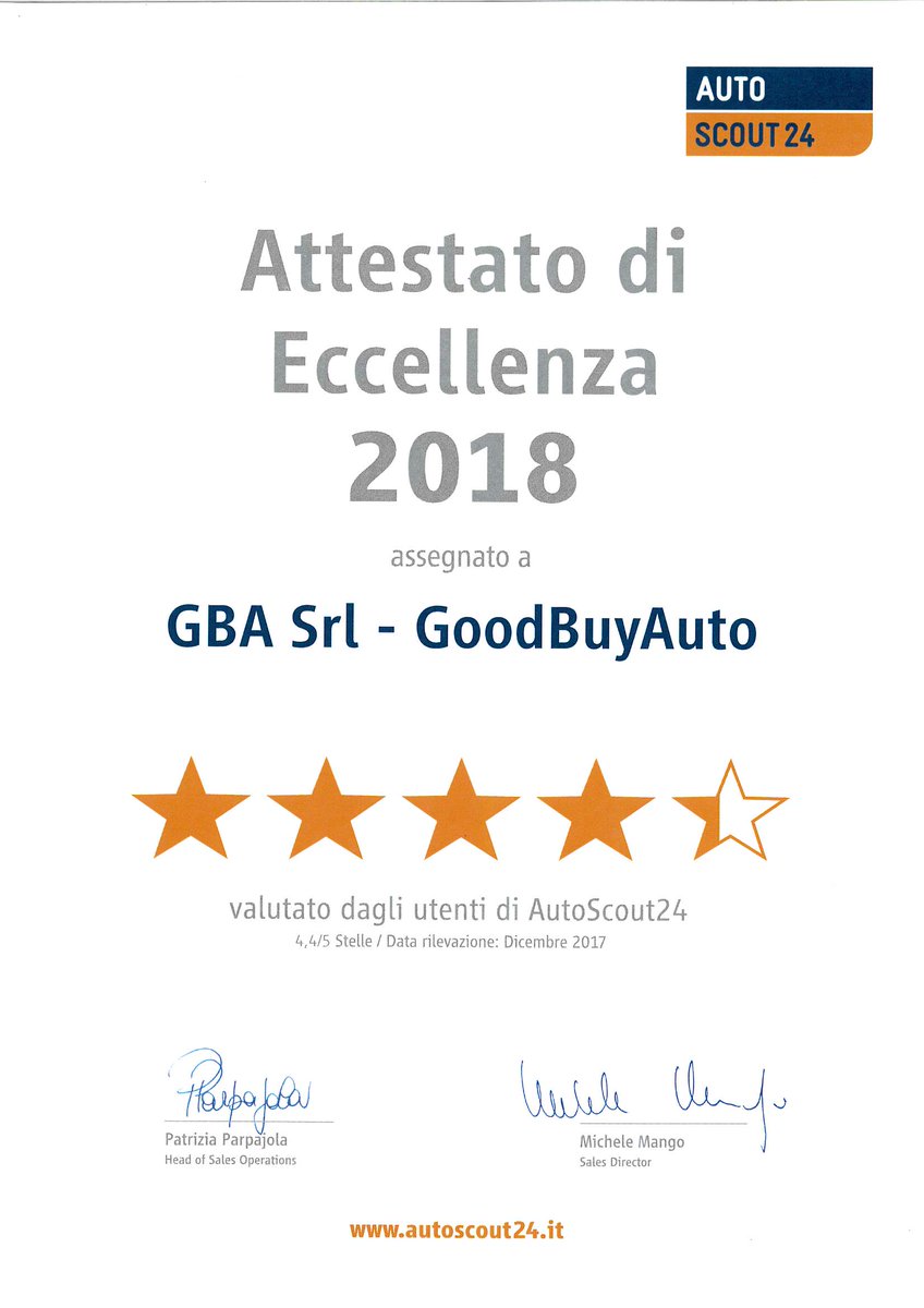 📣📣Siamo lieti di annunciare che “autoscout24”, ha premiato la nostra affidabilità con un certificato di eccellenza.
Grazie di cuore a tutti i nostri clienti e all'intero team💞#autoscout24.it #autoscout24#Goodbuyauto