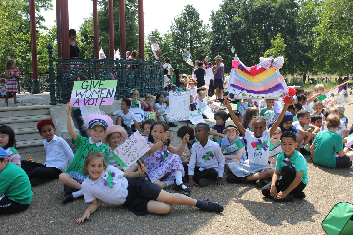 lambeth_council's tweet photo. On Friday 6th July, pupils from @ClaphamManor marched on Clapham Common to celebrate 100 years of women having the right to vote. #WomensVote #Sufferage https://t.co/WfcJzgTGCy
