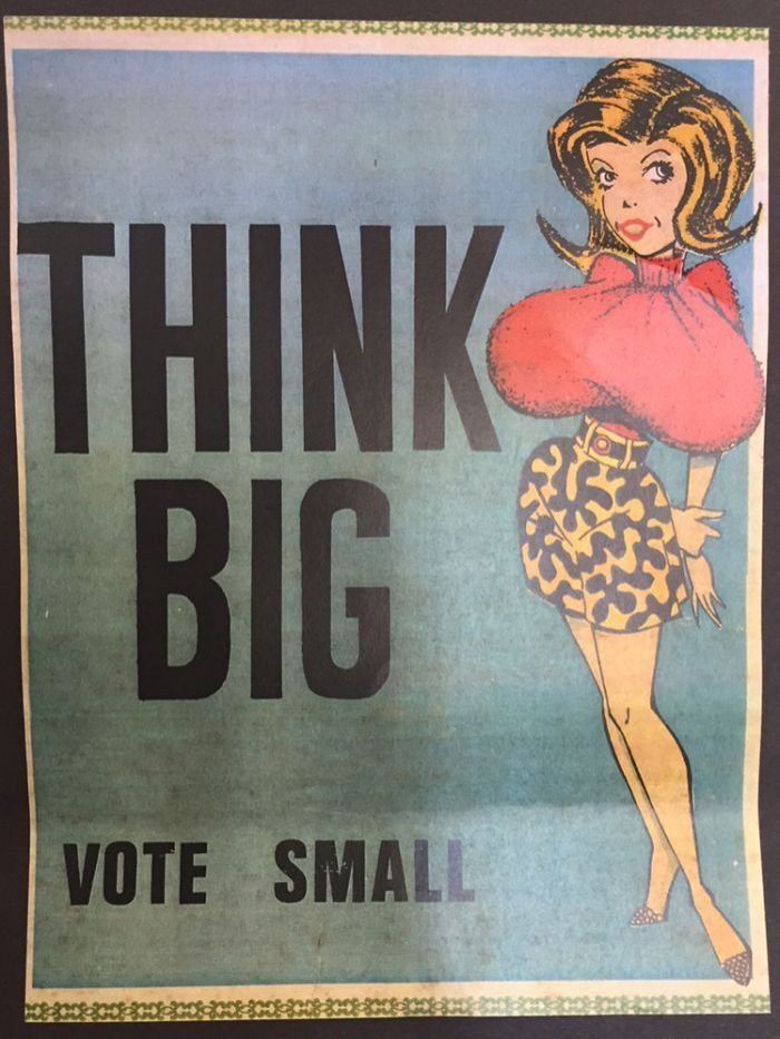 OzKitsch's tweet photo. Campaign poster for Gold Coast Mayor Sir Bruce Small, 1967
#thinkbigvotesmall #auspol #sexism #qldpol https://t.co/7fbrnbuj5x