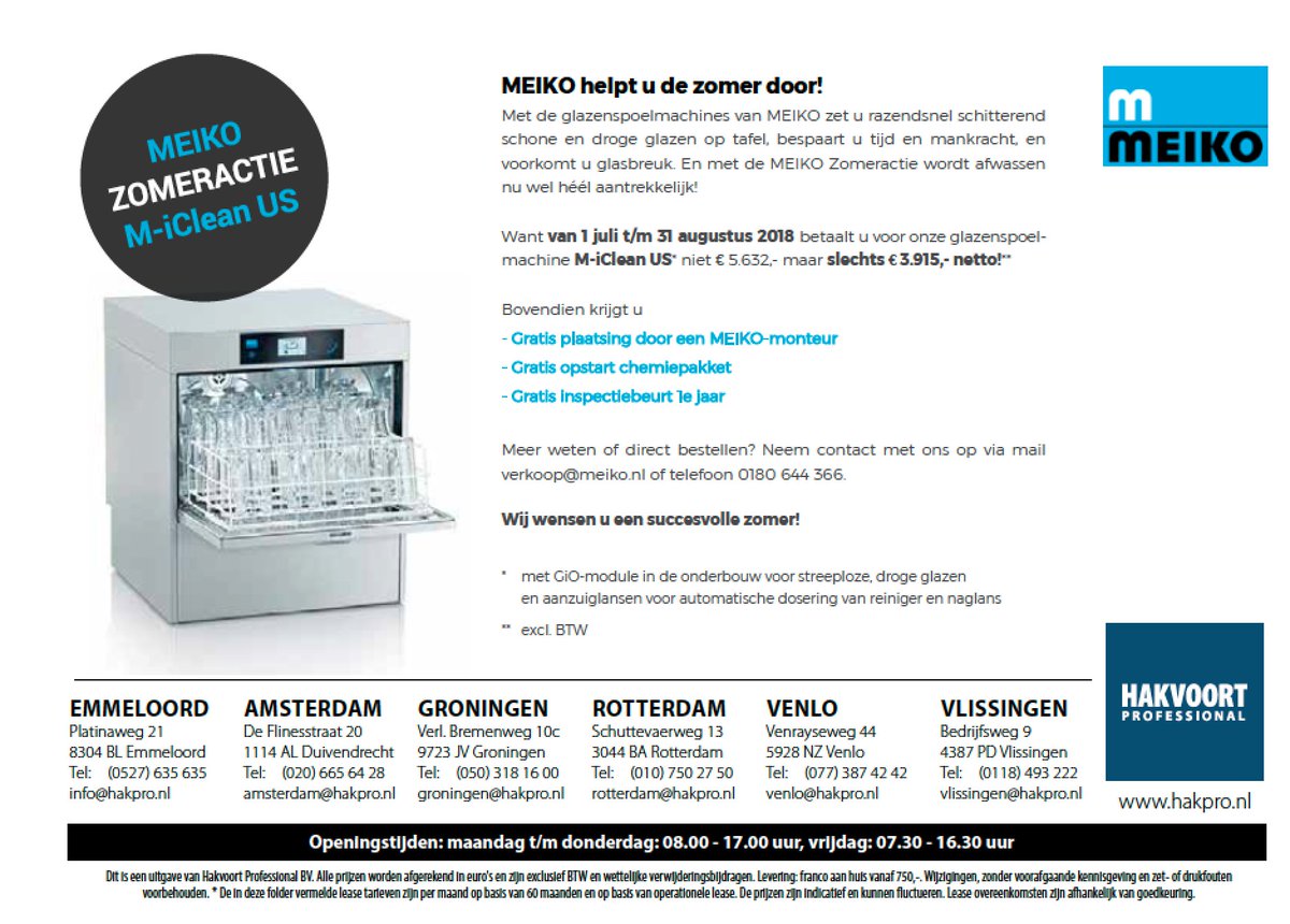 Zomeractie van @MeikoNederland ! Een glazenspoelmachine voor slechts 3.915,- en vele gratis extra's. Vraag onze adviseurs naar meer informatie: hakpro.nl/contact.html