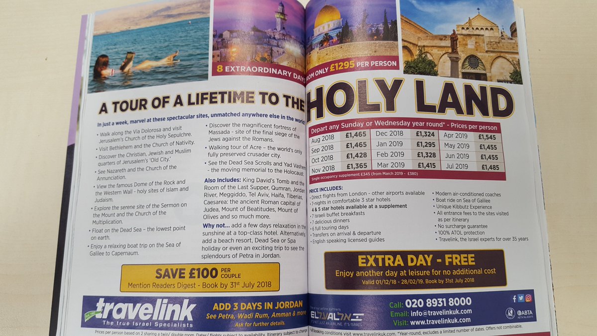 CLASSIC HOLY LAND TOUR as featured in the 'Reader's Digest.' From just £1,295pp for the entire 8-day tour, flights, meals and hotels! Special Offer of an additional £100 off per couple if you book by 31st July. bit.ly/2t3lbFV