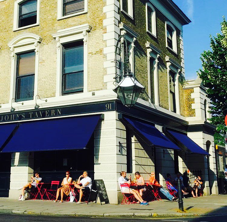 Nice to see the St Johns @stjohnstavern completed by us in  2017 looking so fab in the summer sunshine with their new awnings #summerdays #stjohnstavern #brownstudio #pubdesigners #hospitalitydesigners #londondesign