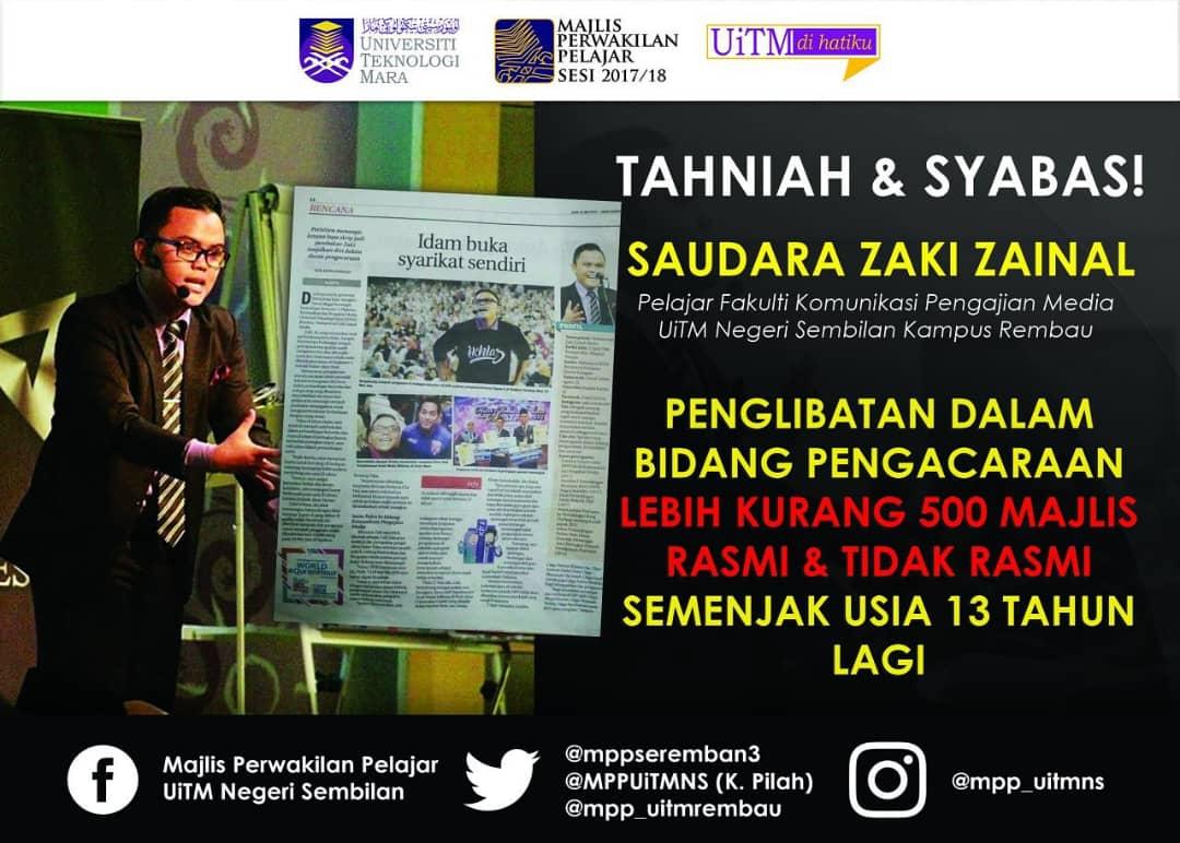 Tahniah dan syabas diucapkan kepada Muhammad Zaki Zainal Abidin, pelajar Fakulti Komunikasi dan Pengajian Media UiTM Kampus Rembau,

Atas penglibatan dalam bidang pengacaraan (Emcee Energizer).

#ChampionStudent #WorldChampionStudent #UiTMNegeriSembilanHebat