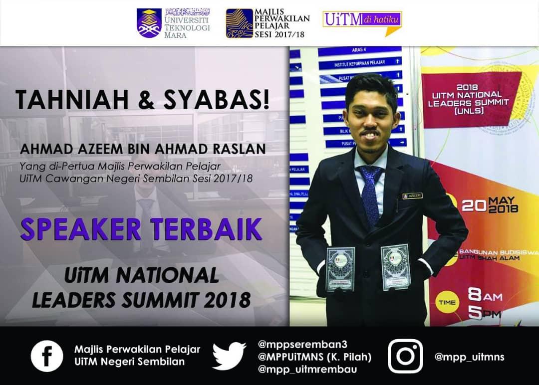 TAHNIAH DAN SYABAS!

Sdr. Ahmad Azeem Ahmad Raslan, YDP MPP UiTMN9 Sesi 2017/18.

Atas kejayaan menjadi Speaker Terbaik sempena Persidangan YDP MPP UiTM Semalaysia 2017/2018 ataupun nama rasmi programnya ialah UiTM National Summit 2018.

#ChampionStudent #WorldChampionStudent