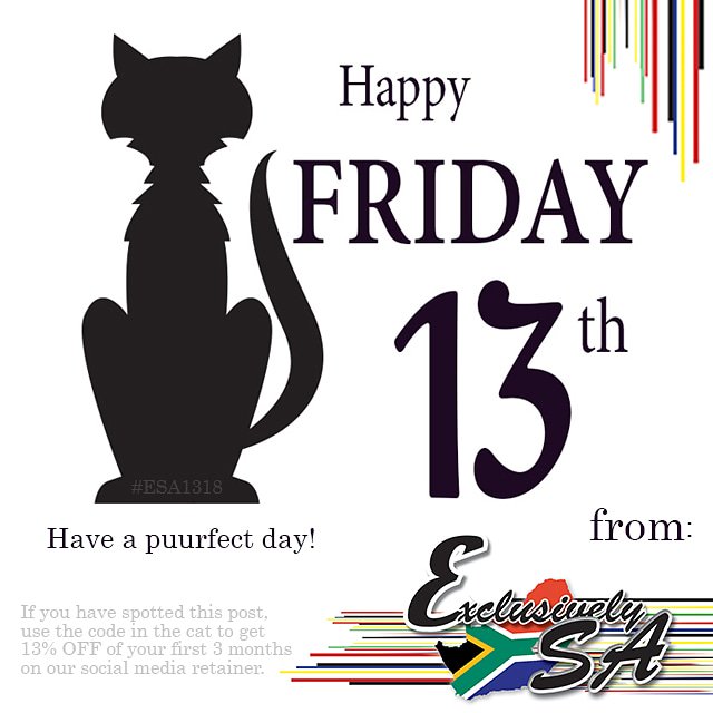 ExclusivelyKzn's tweet photo. Happy Friday the 13th! 
Add a little luck to someone's day by sharing this pic. *offer valid till 31/10/2018. 
#KZNsouthcoast #fridaythe13th #friday #cat #esa #exclusivelywildcoast #ExclusivelySA #Margate #southbroom #Kzn #marketing #socialmedia https://t.co/EqEYzppOA7