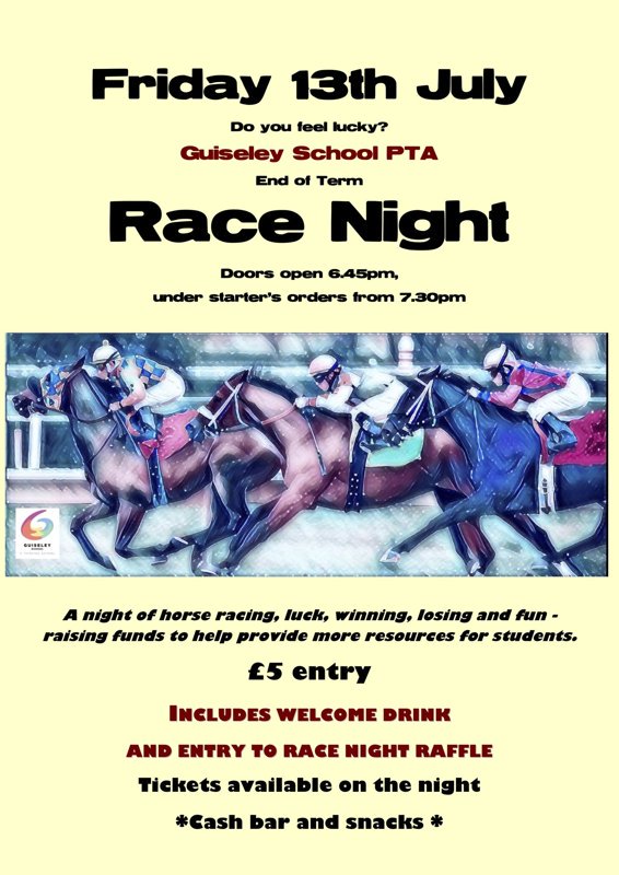guiseleyschool's tweet photo. Don’t forget, the PTA are hosting a fun event tonight at the school. Race night will help raise funds for student resources &amp; starts at 6:45pm. £5 entry can be paid on the door or via the link. We’re looking forward to see you all and having a great night! https://t.co/PnyEMAeuAp https://t.co/5r3iql6iso