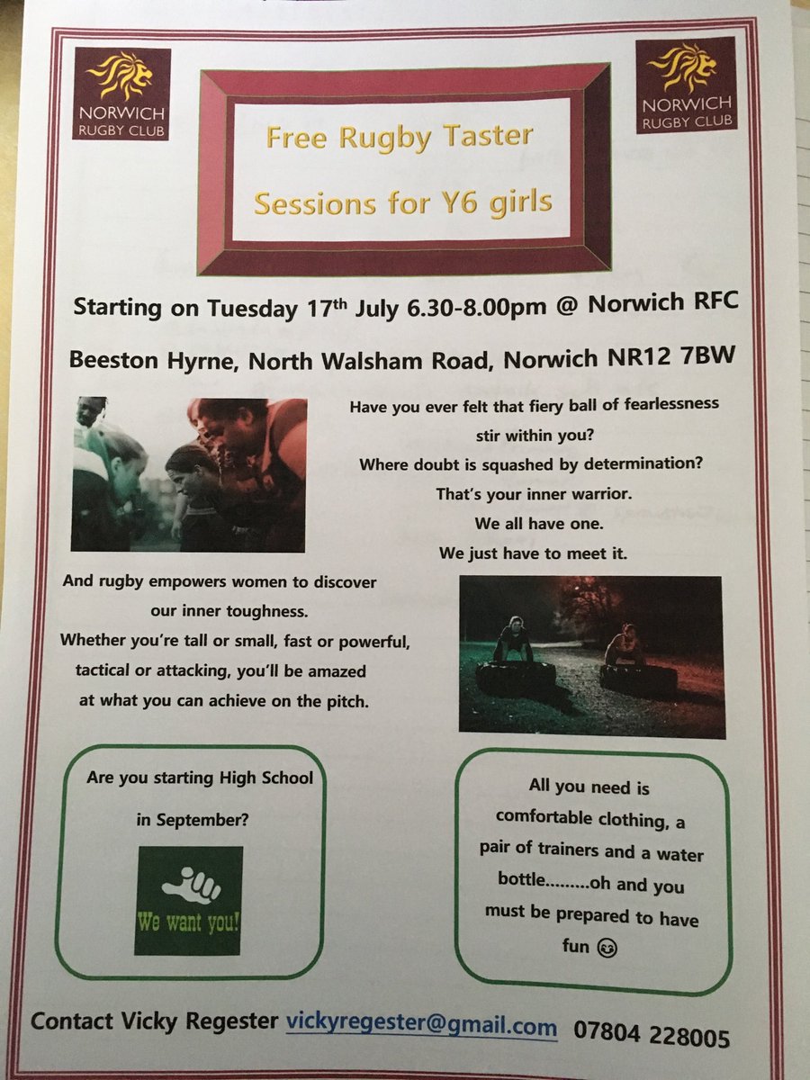 ⁦<a href="/dussindalepri07/">Dussindale Primary</a>⁩⁦<a href="/StWillsSport/">St William's Sport</a>⁩ ⁦<a href="/WeAreStWilliams/">St William's Primary</a>⁩ ⁦<a href="/hillsideavenue3/">Hillside Avenue</a>⁩ ⁦<a href="/YareTrust/">The Yare Education Trust</a>⁩ ⁦<a href="/SprowstonJunior/">Sprowston Junior</a>⁩ Norwich Rugby Club are running free girls rugby sessions on Tuesday evening and are looking for girls who are going into year 7. All welcome