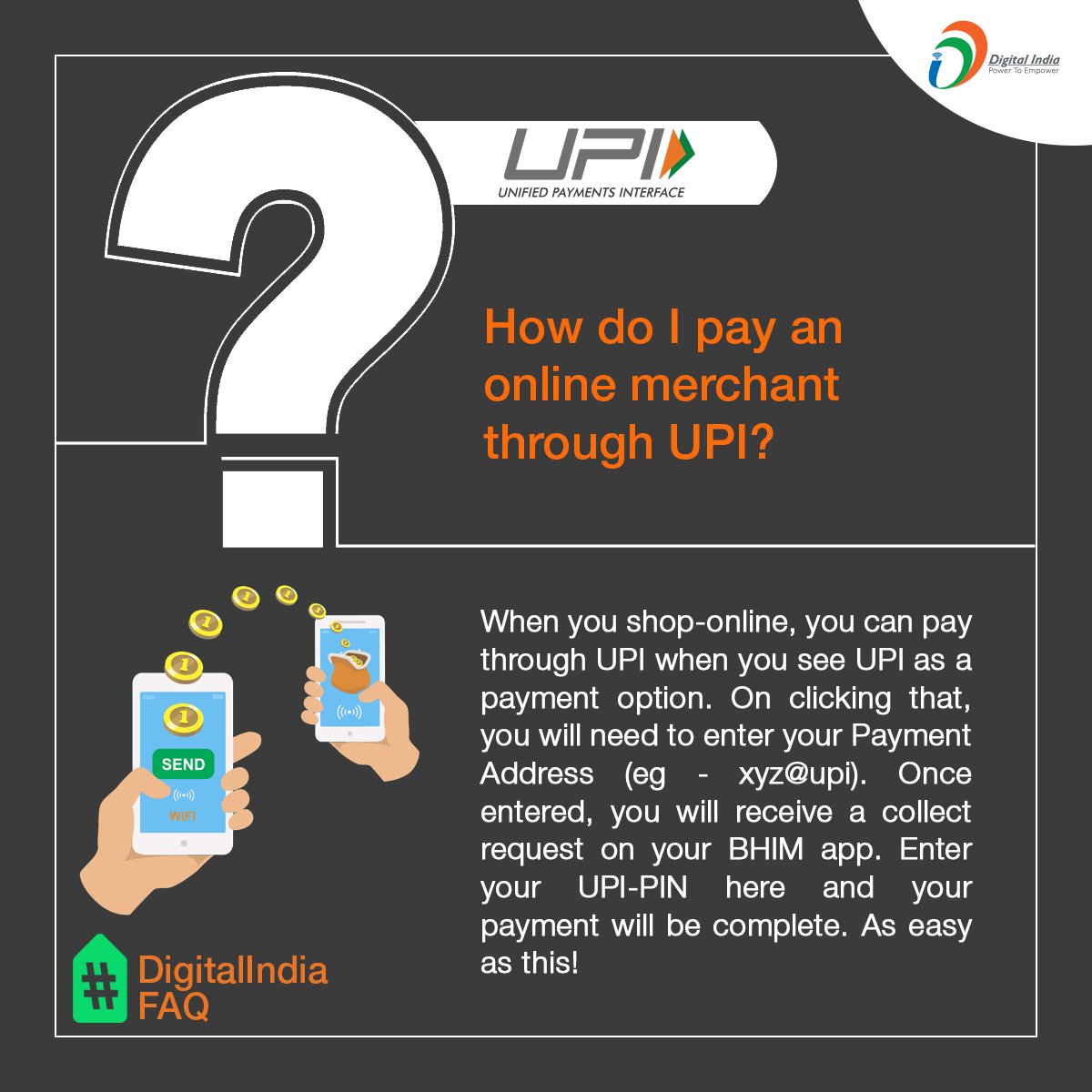 _DigitalIndia's tweet photo. #DigitalIndiaFAQs | How do I pay an online merchant through #UPI?
For more information, please visit the website - https://t.co/guuxkLN3rt
#UPIFAQs #DigitalIndiaFacts #DigitalIndiaServices https://t.co/g4fl5epDS6