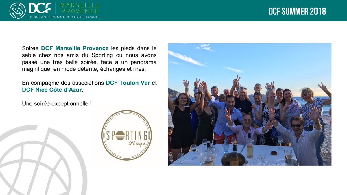 DCFMarseille's tweet photo. Soirée d'été exceptionnelle au @DCFMarseille en compagnie des associations @DCFToulon et DCF Nice . Les pieds dans l'eau entre amis et chez nos amis du Sporting .
Dirigeants Commerciaux de France (DCF) - Fédération Nationale
#DCF #IntelligenceCommerciale #Summer2018 https://t.co/0d0PlRKbBc