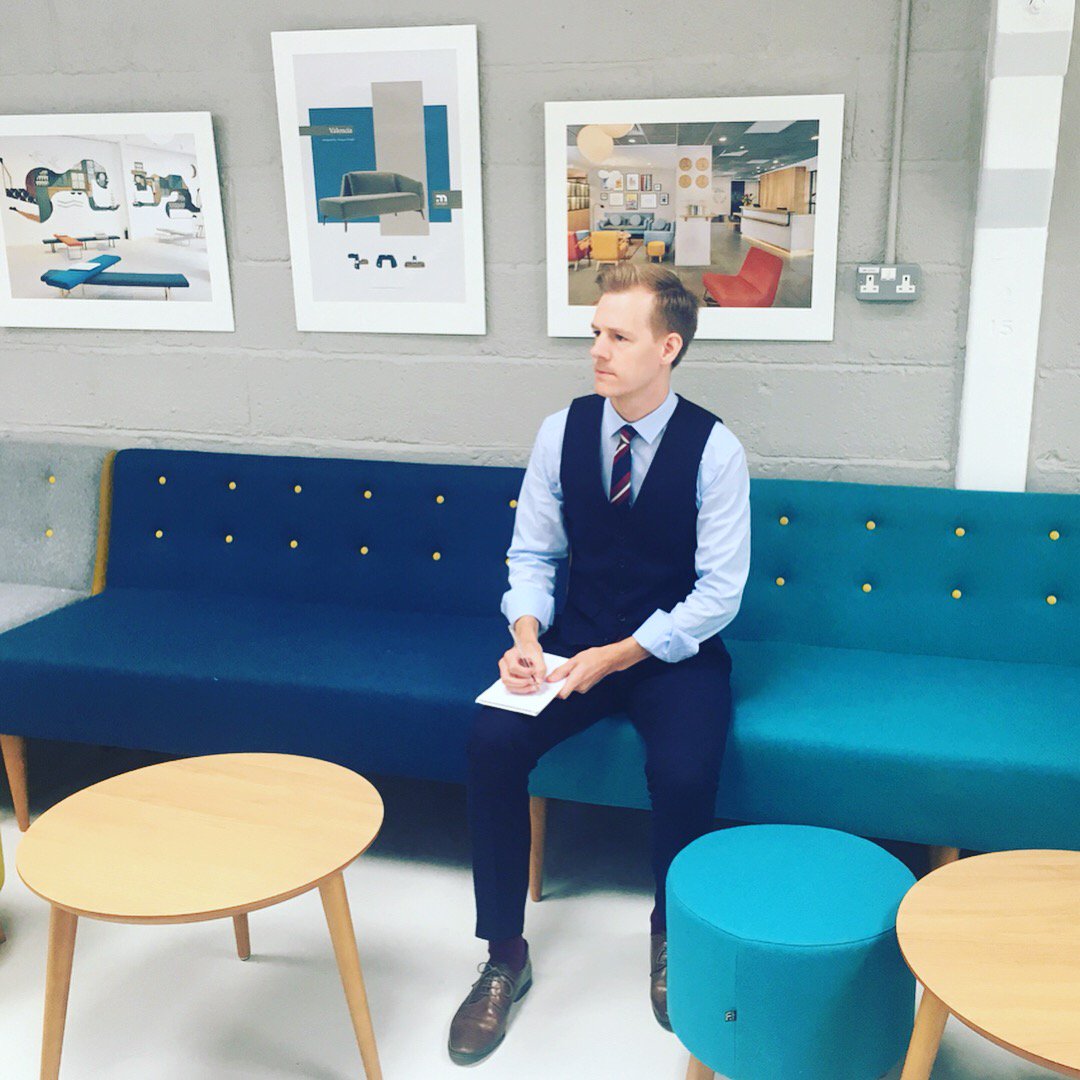 MorganSeating's tweet photo. One of our Morgan Studio designers, Adam modelling for #waistcoatwednesdays at our Hampshire factory, whilst supporting England #itscominghome ⚽️ #madeinbritain #design #furniture #british https://t.co/CsmjUDGoc3