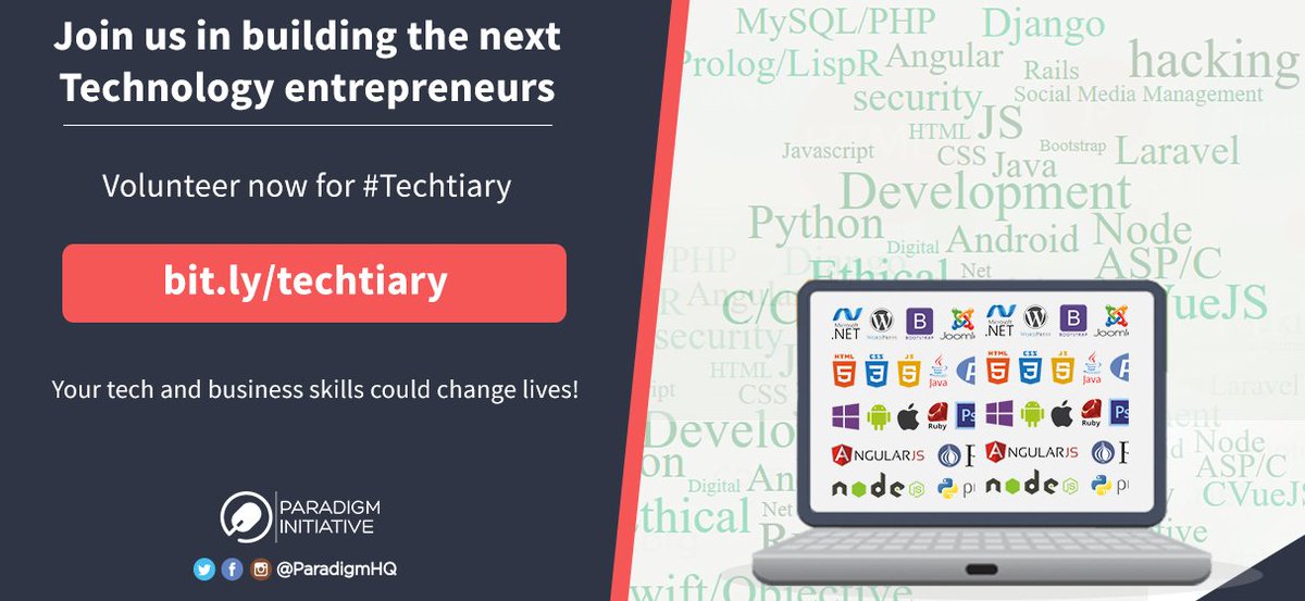 O Xrhsths Paradigm Initiative Pin Sto Twitter Here Are The Most Preferred Tech Skills Required From Prospective Volunteers Java Programming Python Programming Django Web Framework Html5 Css3 Bootstrap Javascript Mysql Php Laravel C C
