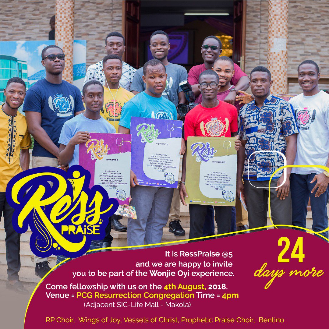 resspraise17's tweet image. Its 24 days to the Spirit filled praise event in Ghana. You better get your dancing shoes. Come let's give our unadulterated praise praise to the Most High. Wonjie Oyi!!!
#WonjieOyi #RP5IVE #UncleAto #Bentino #RP_Choir #WingsOfJoy #VesselsOfChrist
