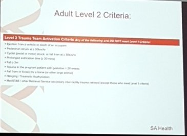 cathimon's tweet photo. . @SAHealth Adult Level 2 Trauma Activation criteria at the @CENAorg SA Branch Tricky Triage education evening.
#TraumaTriage #FOANED #FOAMed https://t.co/95k1Gw9dhB