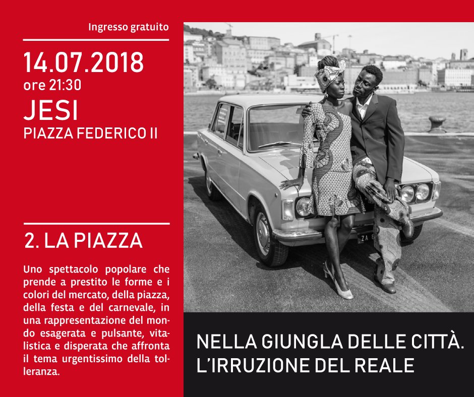LA PIAZZA 14 luglio h 21.30 Piazza Federico II #Jesi
secondo spettacolo "#Nellagiungladellecittà. L'irruzione del reale" con #junglepeople #Migarti @MiBACT maltezoo.eu 

<a href="/ComuneAncona/">Comune di Ancona</a> |<a href="/ComuneJesi/">Comune di Jesi</a> | <a href="/senigalliaweb/">Comune di Senigallia</a> | <a href="/viverejesi/">Vivere Jesi</a> | <a href="/JesiCultura/">Jesi Cultura</a> | <a href="/viveremarche/">Vivere Marche</a> | <a href="/IGJesi/">Informagiovani Jesi</a>