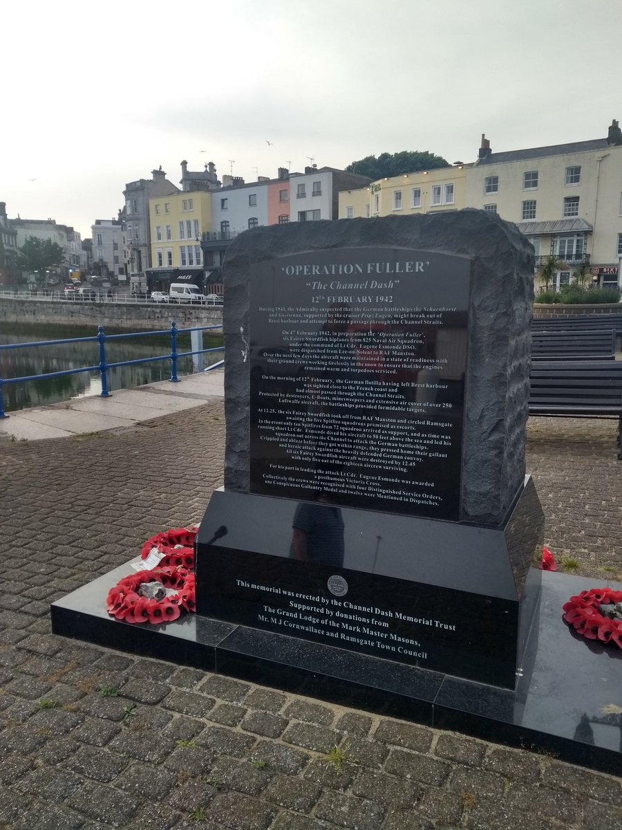 WarwalkerUpdate's tweet image. Memorial on Ramsgate seafront to the six brave Swordfish crews who flew out from RAF Manston to attack the German battle-cruisers, Scharnhorst and Gneisenau, during the celebrated "Channel Dash", Feb 1942. All six planes were destroyed with only 5 out of 18 aircrew surviving.