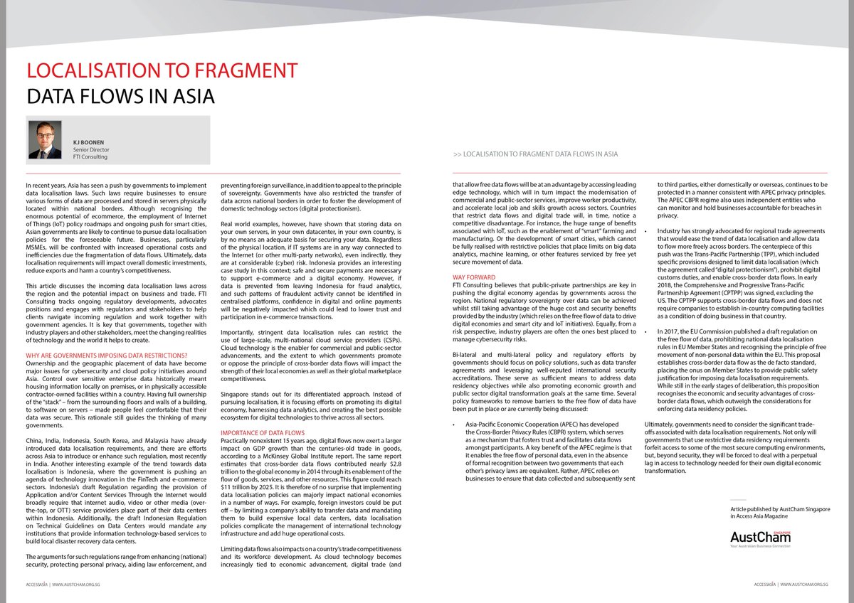 AustChamSG's tweet image. Senior Director of @FTIConsulting @KJBoonen has written an excellent article for the latest issue of Access Asia magazine on incoming data localisations laws across the region and the potential impact on business and trade.

View the digital copy - bit.ly/2LAvvxH