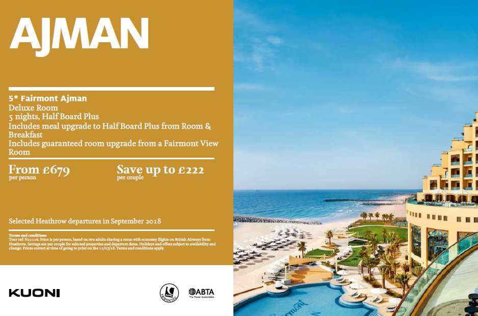 KuoniMKeynes's tweet photo. This week, we have an amazing offer showcasing Kuoni’s latest new destination….AJMAN! We are offering 5 nights at the 5* Fairmont Ajman from only £679pp! #kuoni #miltonkeynes call us on 01908 667799 for more details and to book this amazing offer https://t.co/7hZlicG4U4